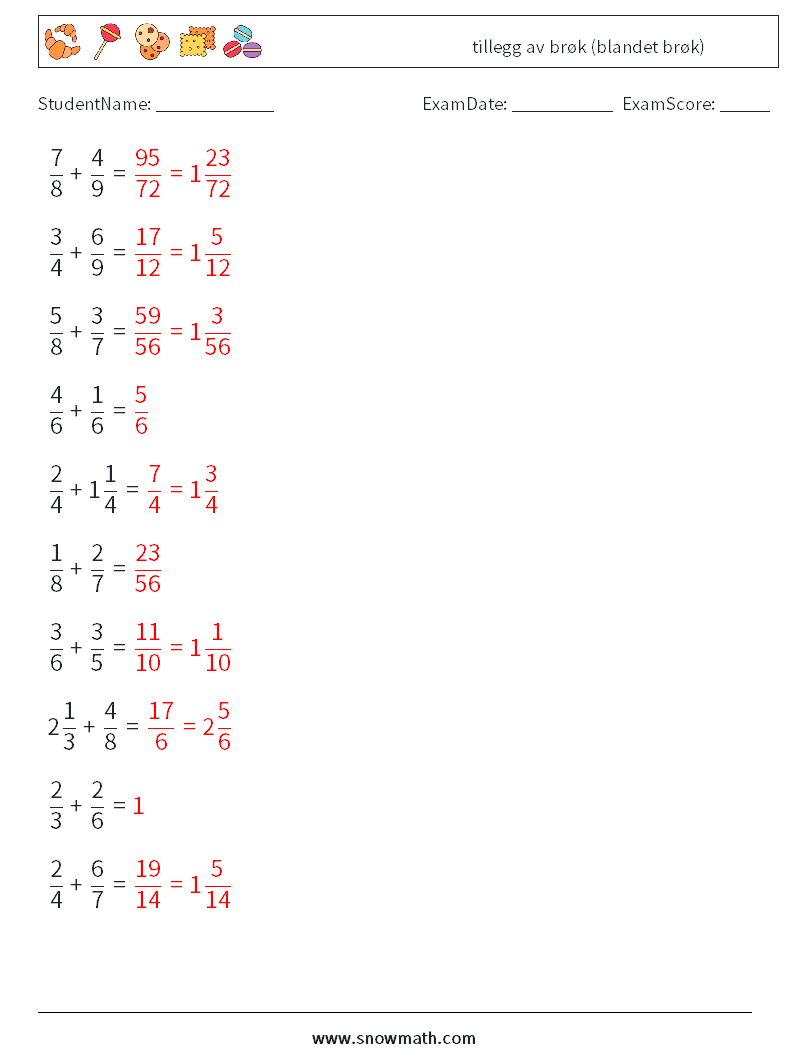 (10) tillegg av brøk (blandet brøk) MathWorksheets 3 QuestionAnswer