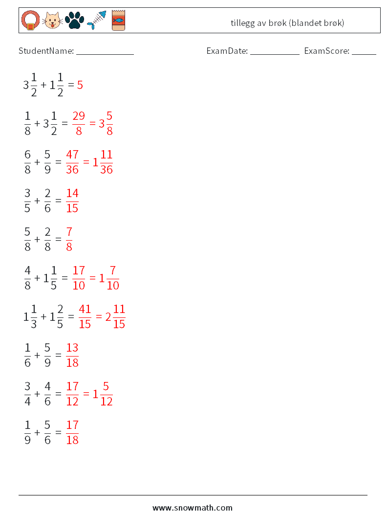 (10) tillegg av brøk (blandet brøk) MathWorksheets 4 QuestionAnswer