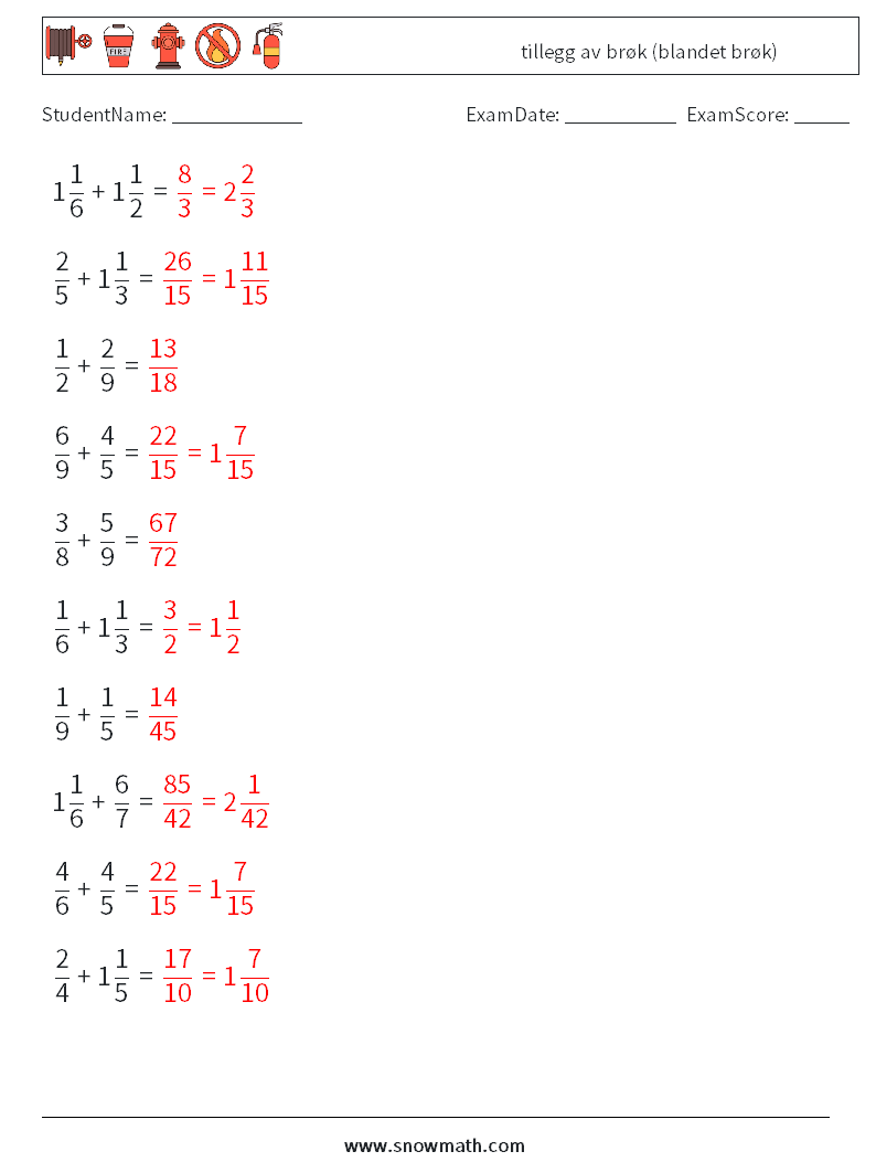 (10) tillegg av brøk (blandet brøk) MathWorksheets 5 QuestionAnswer