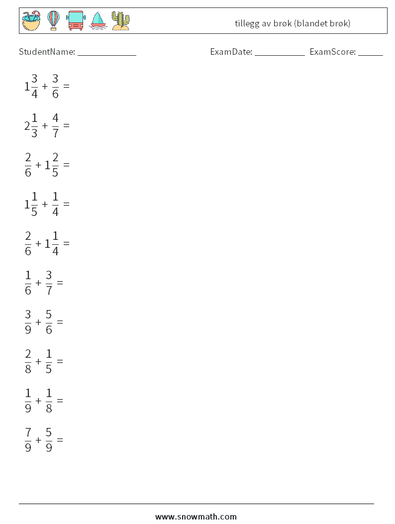 (10) tillegg av brøk (blandet brøk) MathWorksheets 6