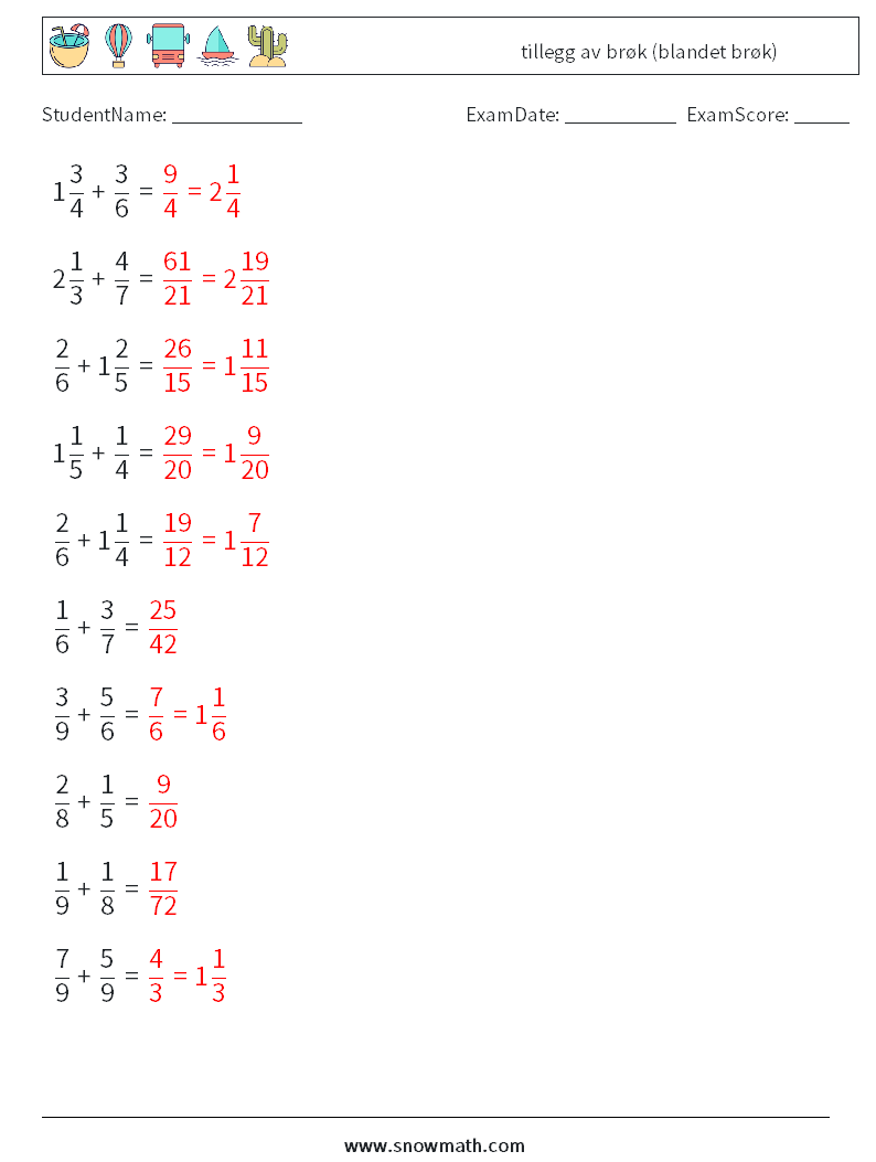 (10) tillegg av brøk (blandet brøk) MathWorksheets 6 QuestionAnswer