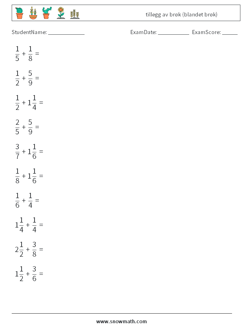 (10) tillegg av brøk (blandet brøk) MathWorksheets 7