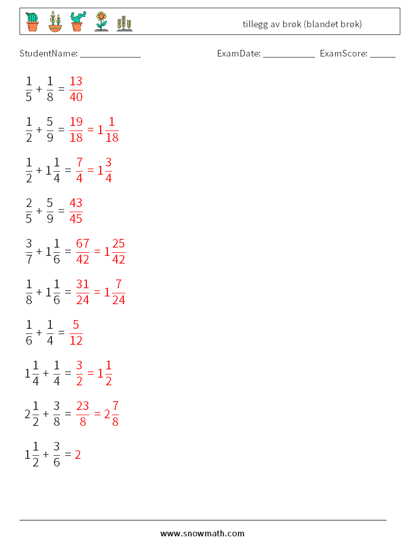 (10) tillegg av brøk (blandet brøk) MathWorksheets 7 QuestionAnswer