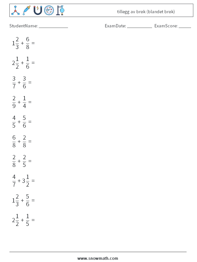 (10) tillegg av brøk (blandet brøk) MathWorksheets 8