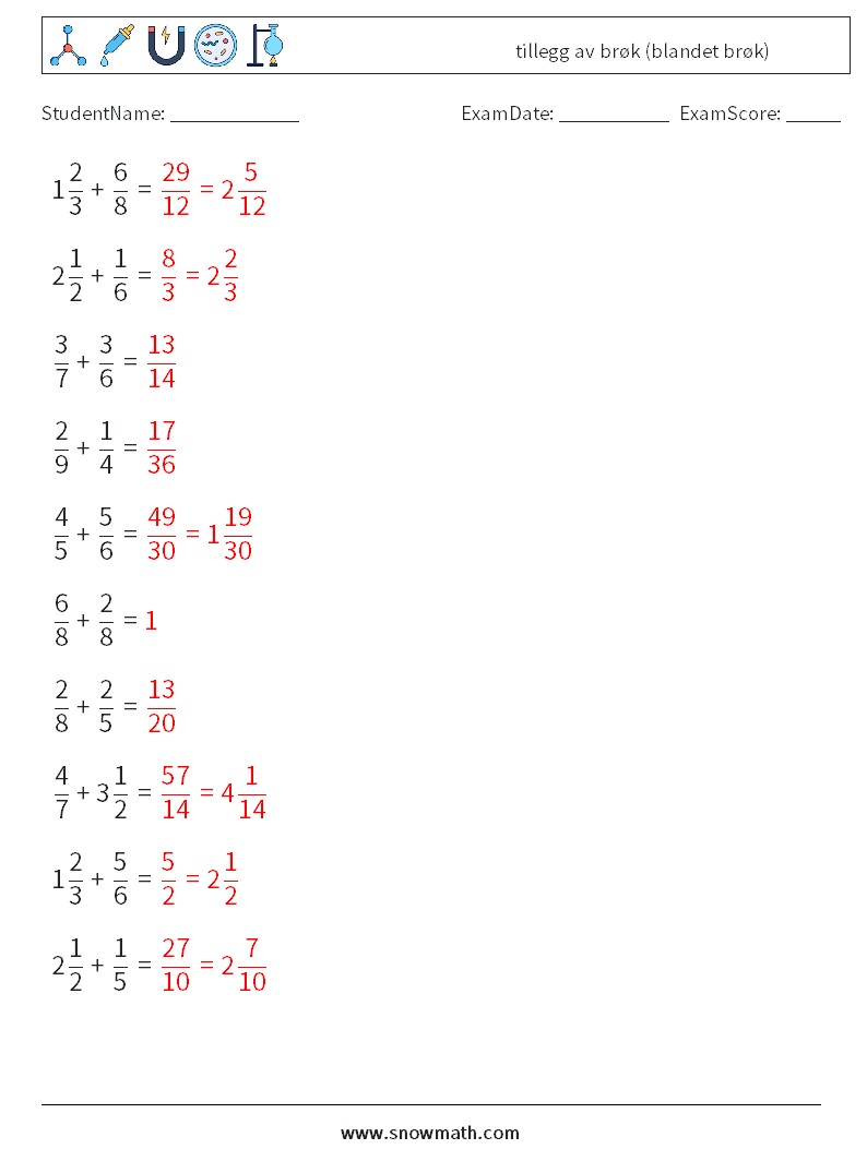 (10) tillegg av brøk (blandet brøk) MathWorksheets 8 QuestionAnswer