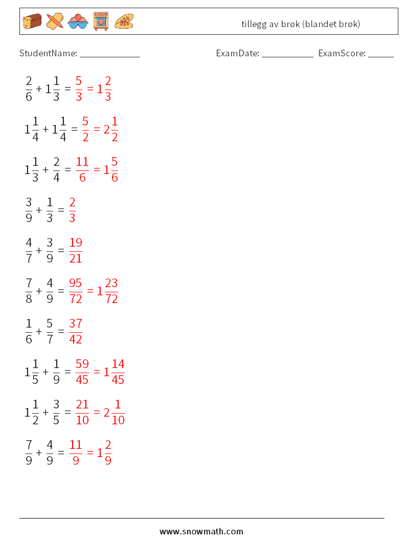 (10) tillegg av brøk (blandet brøk) MathWorksheets 9 QuestionAnswer