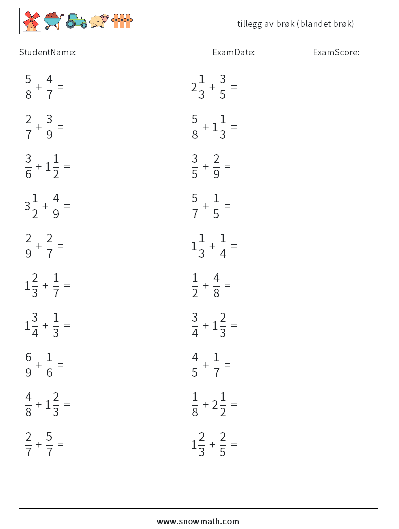 (20) tillegg av brøk (blandet brøk) MathWorksheets 1