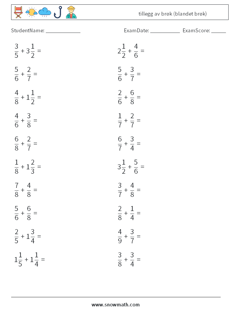 (20) tillegg av brøk (blandet brøk) MathWorksheets 10