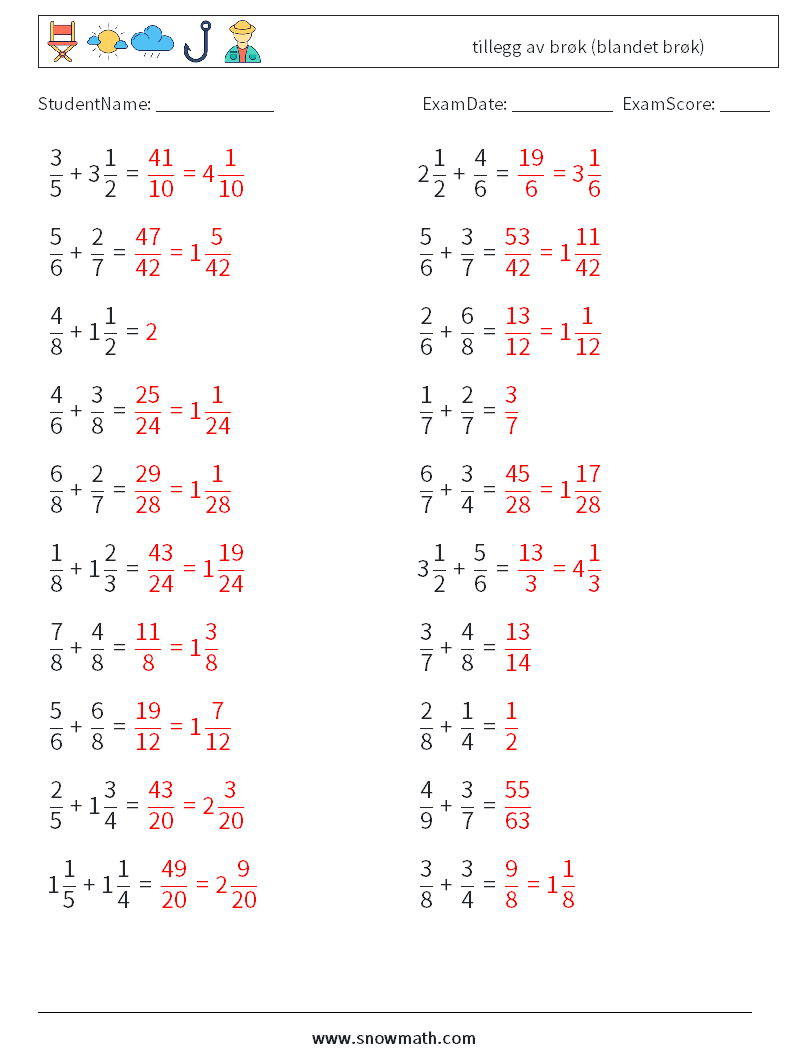 (20) tillegg av brøk (blandet brøk) MathWorksheets 10 QuestionAnswer