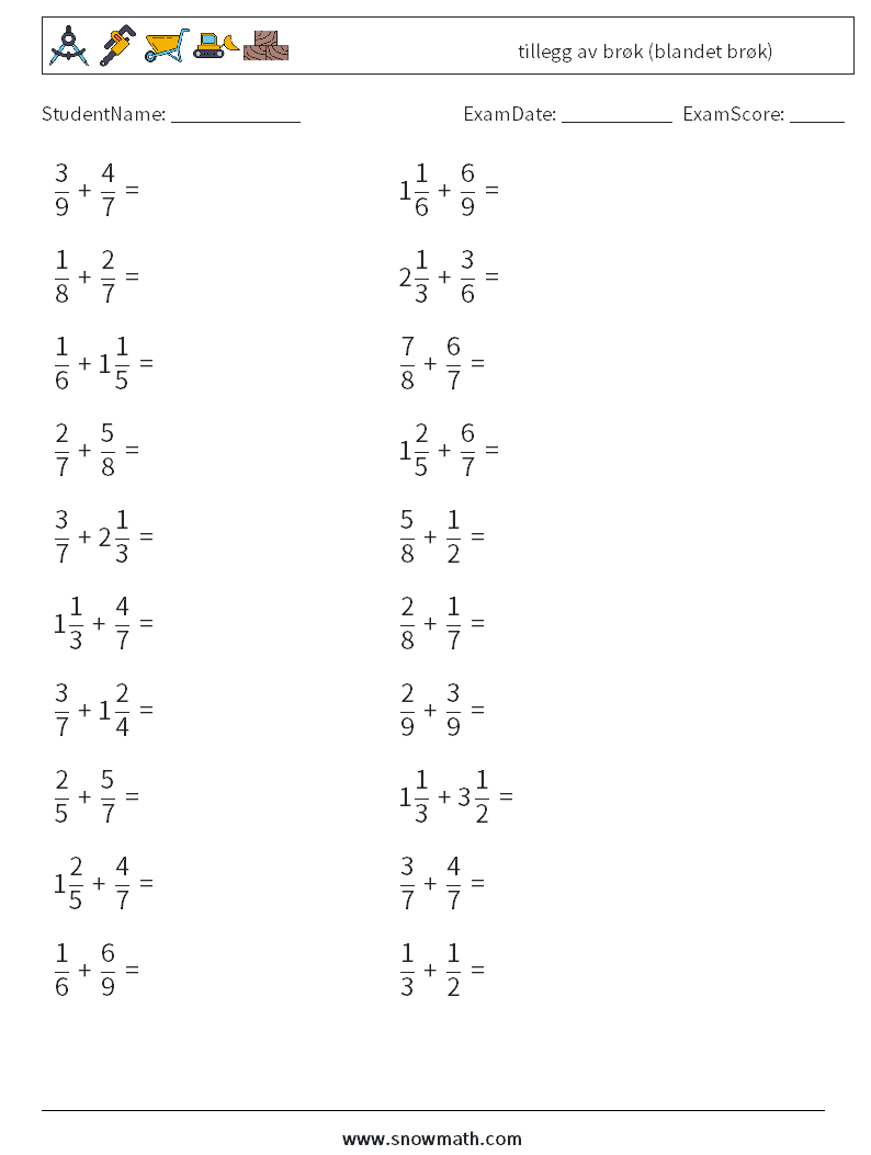 (20) tillegg av brøk (blandet brøk) MathWorksheets 11