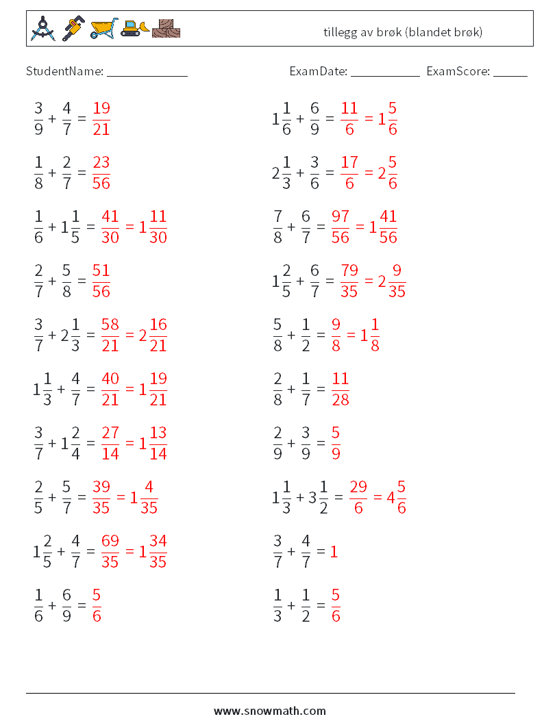(20) tillegg av brøk (blandet brøk) MathWorksheets 11 QuestionAnswer