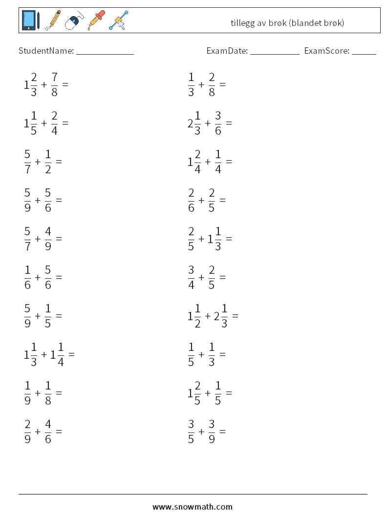 (20) tillegg av brøk (blandet brøk) MathWorksheets 12