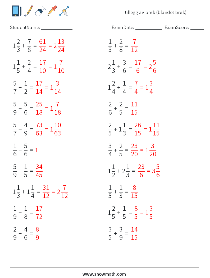 (20) tillegg av brøk (blandet brøk) MathWorksheets 12 QuestionAnswer