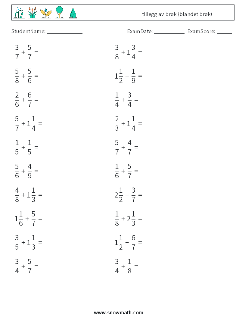 (20) tillegg av brøk (blandet brøk) MathWorksheets 13