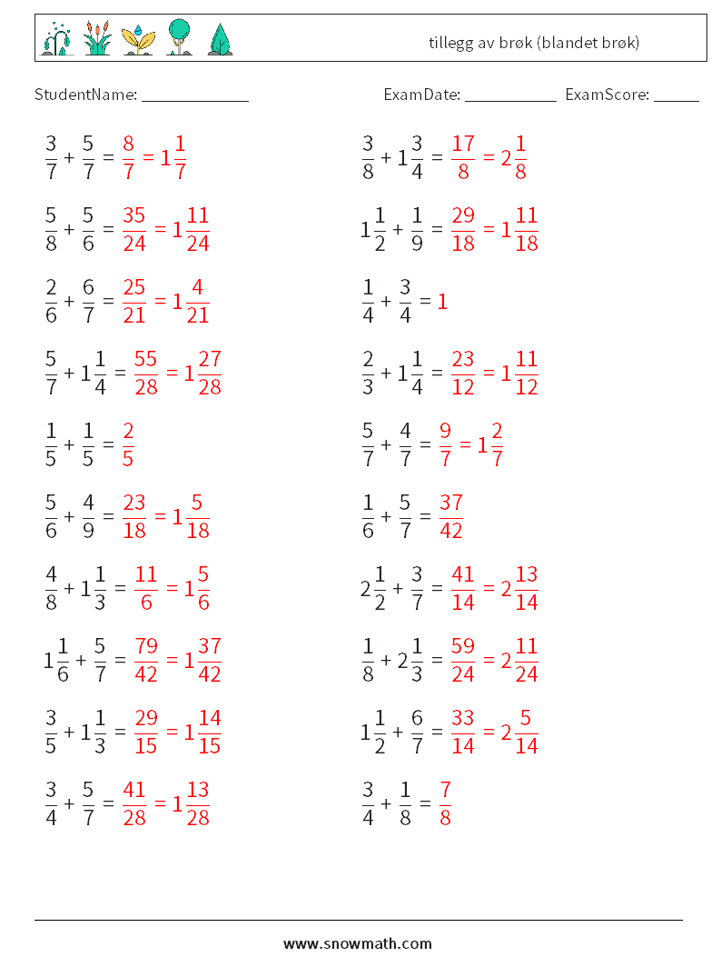 (20) tillegg av brøk (blandet brøk) MathWorksheets 13 QuestionAnswer