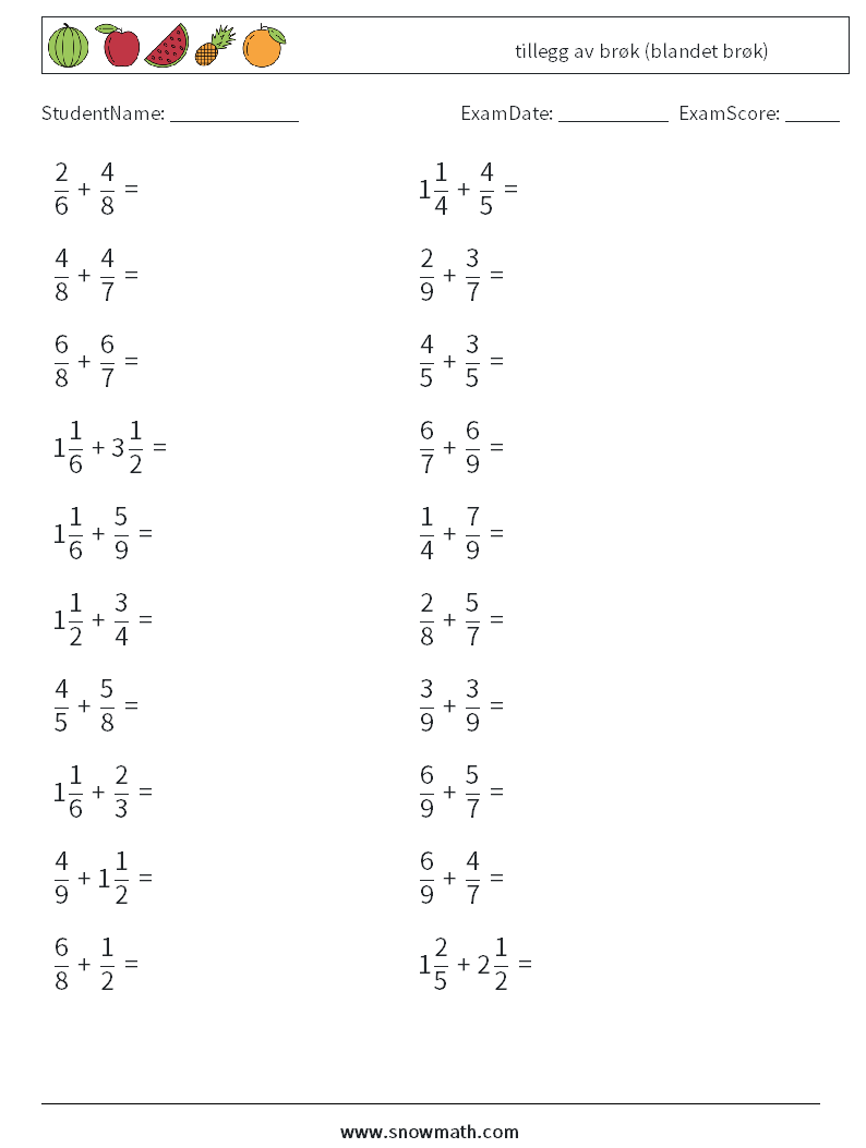 (20) tillegg av brøk (blandet brøk) MathWorksheets 14