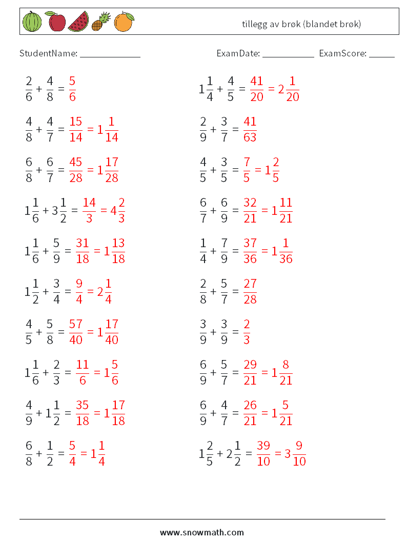 (20) tillegg av brøk (blandet brøk) MathWorksheets 14 QuestionAnswer