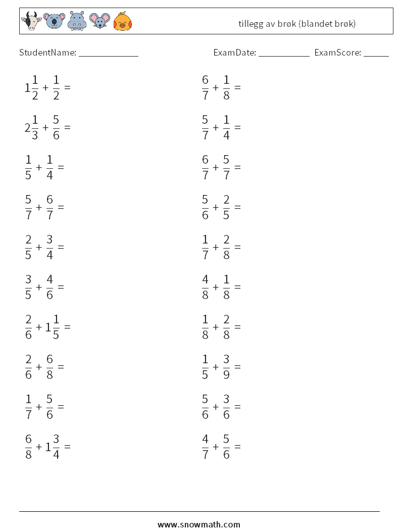(20) tillegg av brøk (blandet brøk) MathWorksheets 15