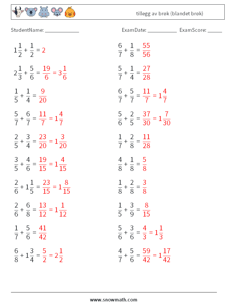 (20) tillegg av brøk (blandet brøk) MathWorksheets 15 QuestionAnswer