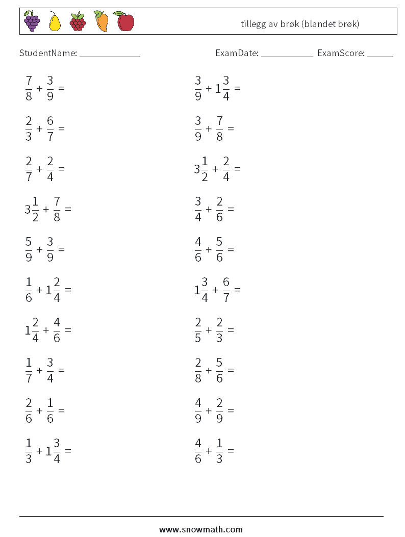 (20) tillegg av brøk (blandet brøk) MathWorksheets 16
