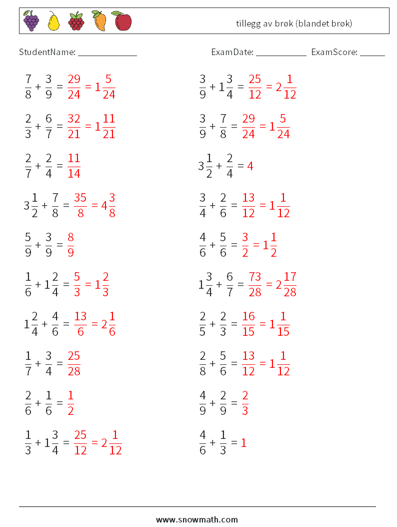 (20) tillegg av brøk (blandet brøk) MathWorksheets 16 QuestionAnswer