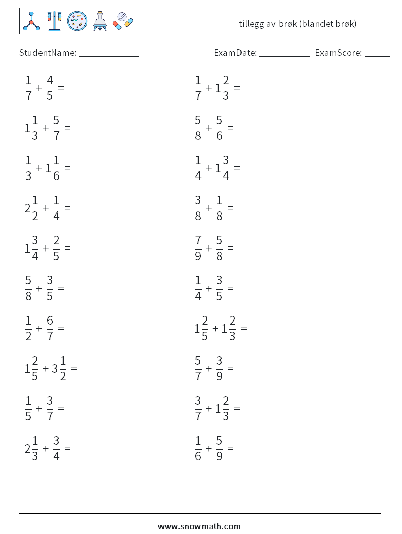 (20) tillegg av brøk (blandet brøk) MathWorksheets 17
