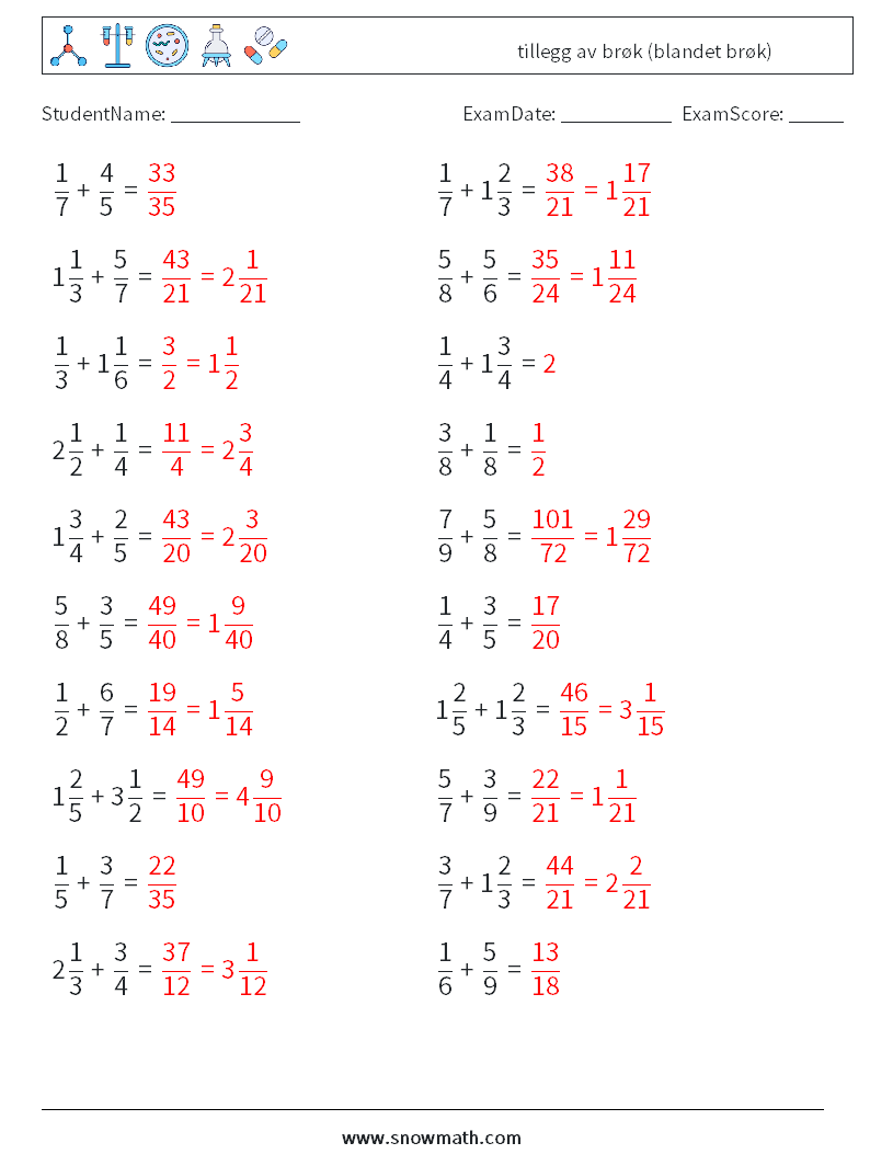 (20) tillegg av brøk (blandet brøk) MathWorksheets 17 QuestionAnswer