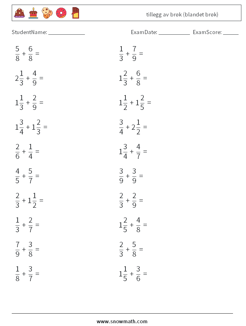 (20) tillegg av brøk (blandet brøk) MathWorksheets 18