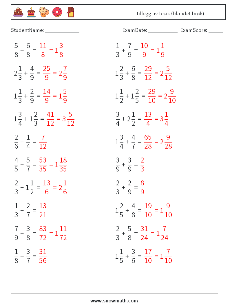 (20) tillegg av brøk (blandet brøk) MathWorksheets 18 QuestionAnswer