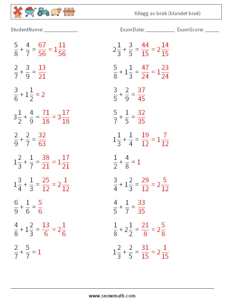 (20) tillegg av brøk (blandet brøk) MathWorksheets 1 QuestionAnswer