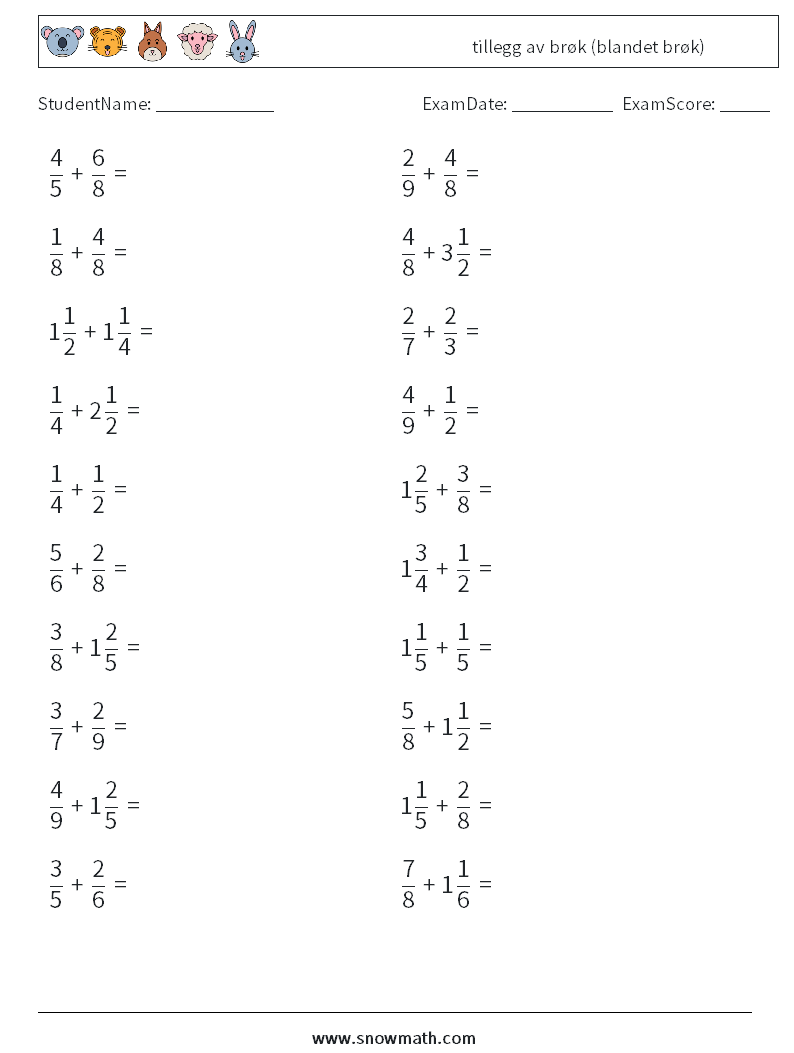 (20) tillegg av brøk (blandet brøk) MathWorksheets 2