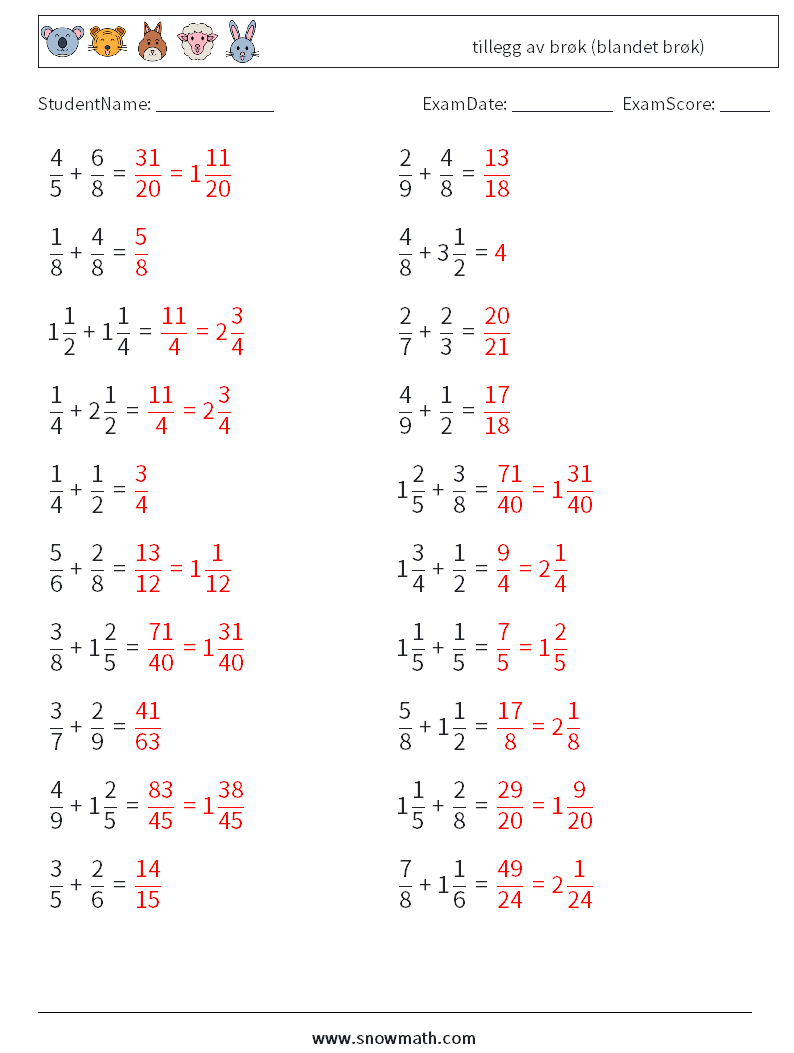(20) tillegg av brøk (blandet brøk) MathWorksheets 2 QuestionAnswer