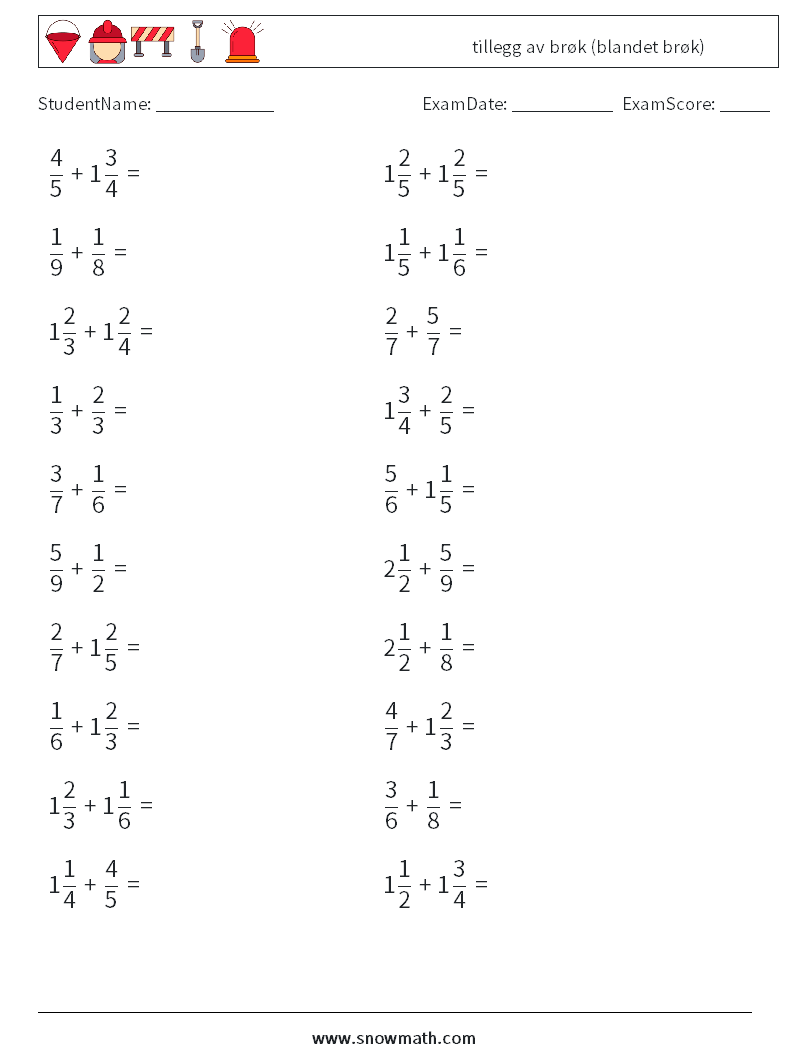 (20) tillegg av brøk (blandet brøk) MathWorksheets 3