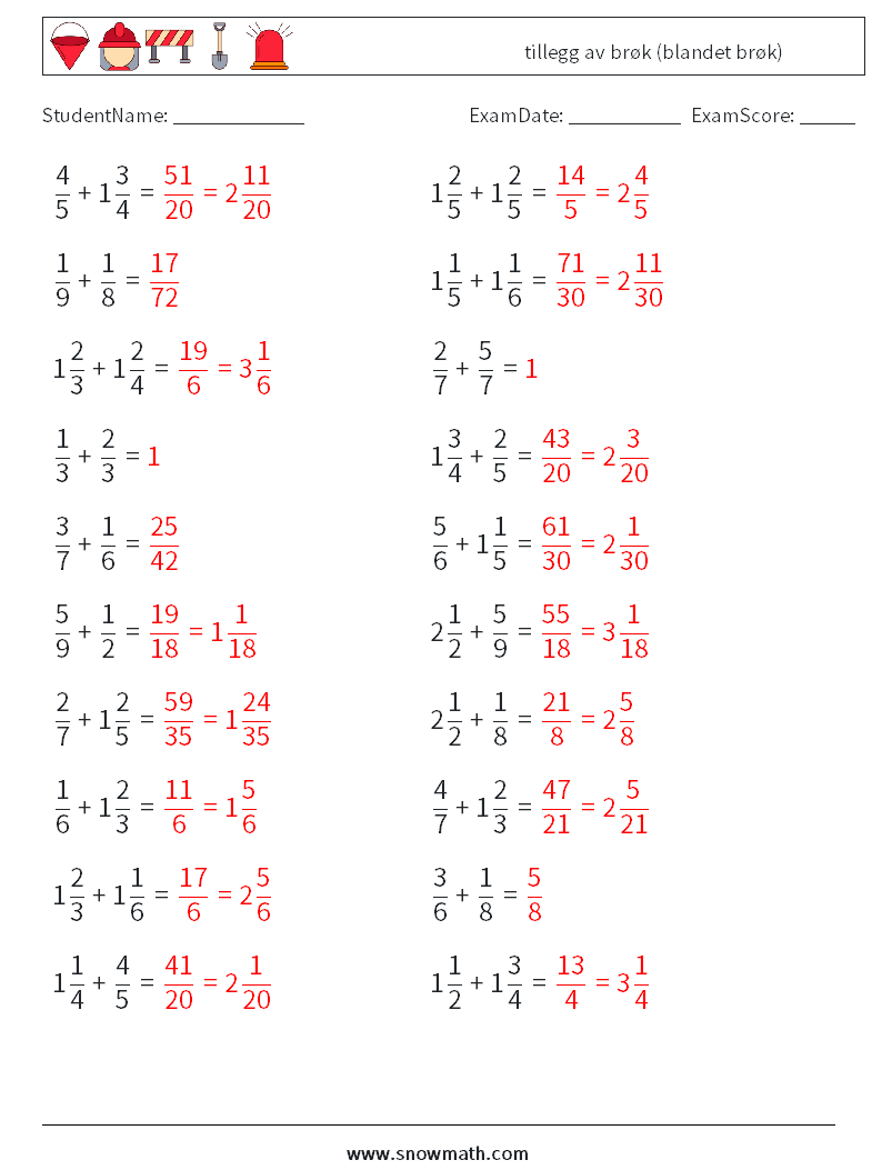 (20) tillegg av brøk (blandet brøk) MathWorksheets 3 QuestionAnswer