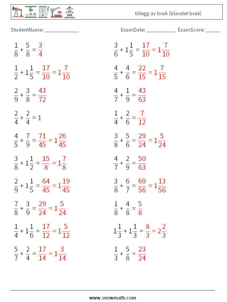 (20) tillegg av brøk (blandet brøk) MathWorksheets 4 QuestionAnswer