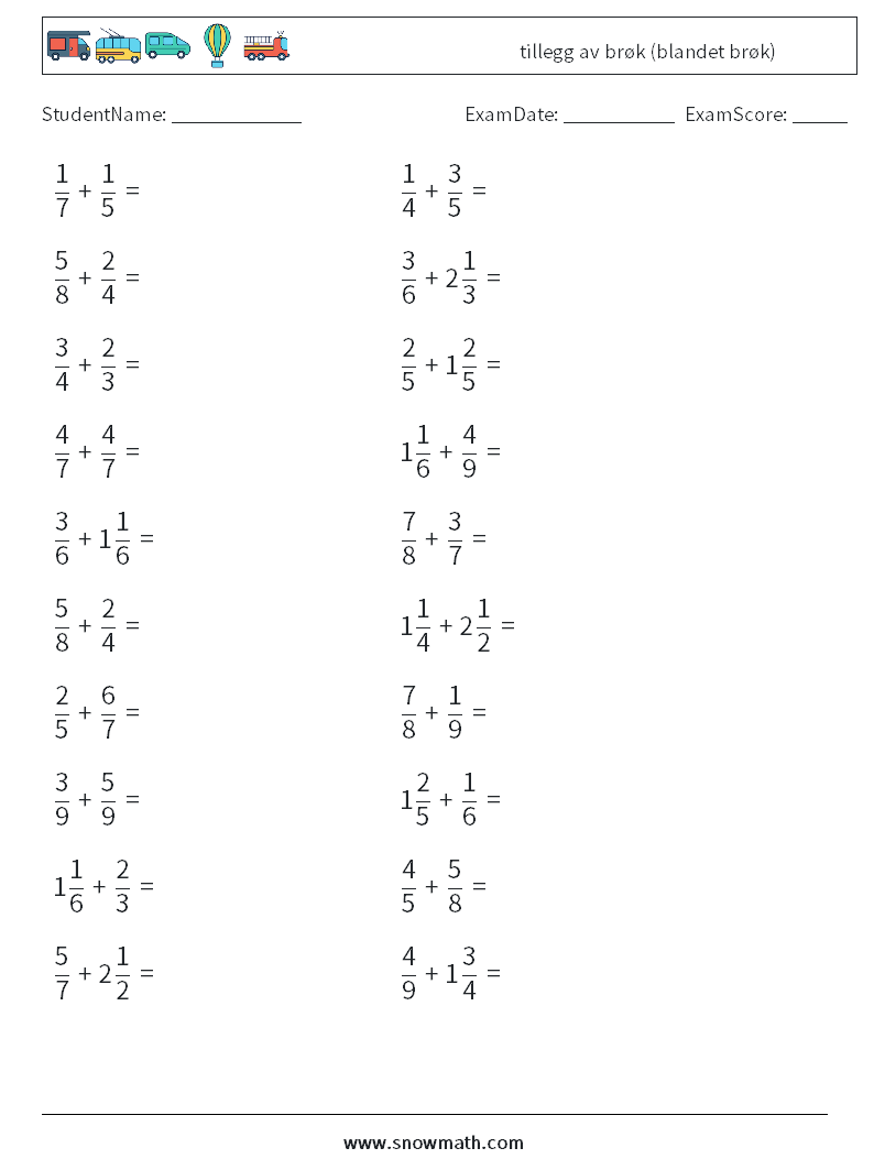 (20) tillegg av brøk (blandet brøk) MathWorksheets 5