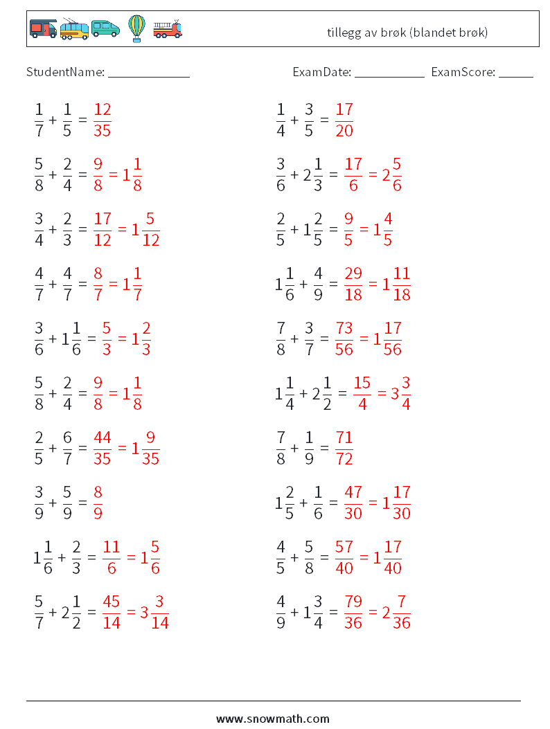 (20) tillegg av brøk (blandet brøk) MathWorksheets 5 QuestionAnswer