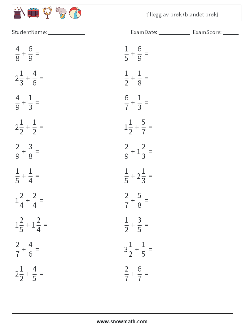 (20) tillegg av brøk (blandet brøk) MathWorksheets 6