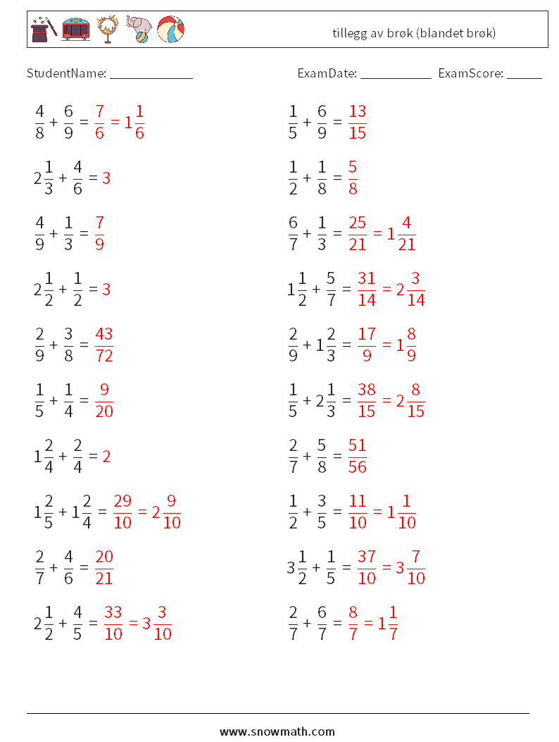(20) tillegg av brøk (blandet brøk) MathWorksheets 6 QuestionAnswer