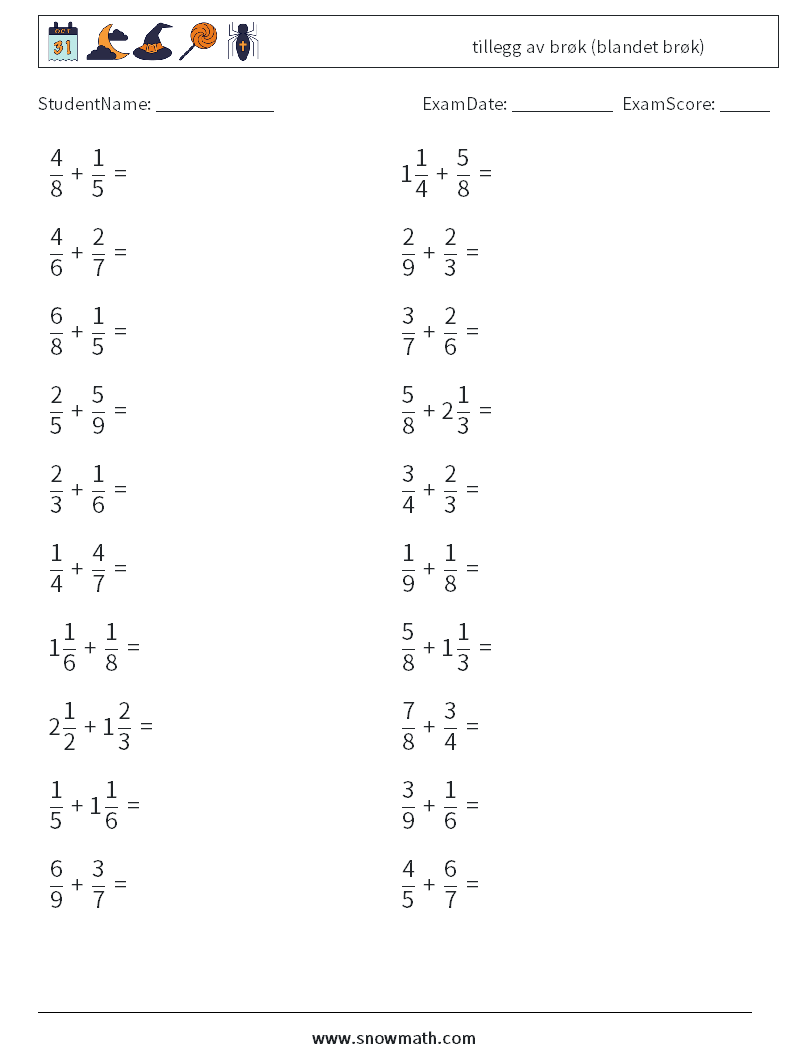 (20) tillegg av brøk (blandet brøk) MathWorksheets 7