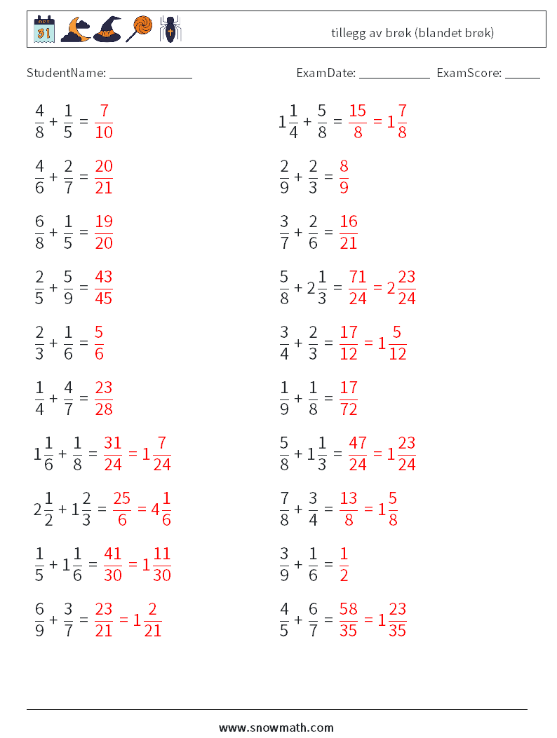 (20) tillegg av brøk (blandet brøk) MathWorksheets 7 QuestionAnswer