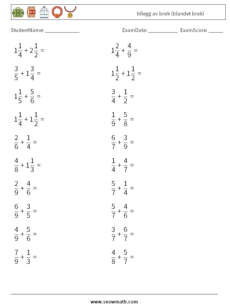 (20) tillegg av brøk (blandet brøk) MathWorksheets 8