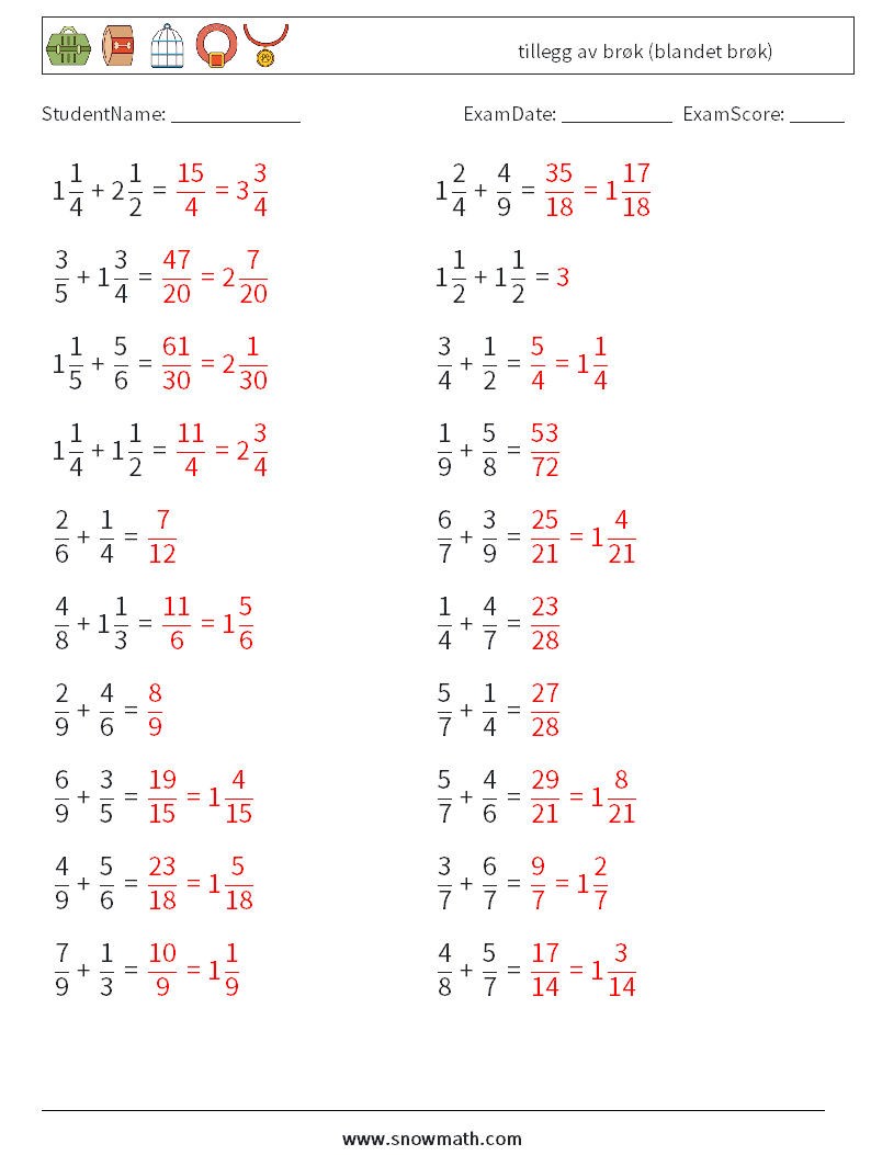 (20) tillegg av brøk (blandet brøk) MathWorksheets 8 QuestionAnswer