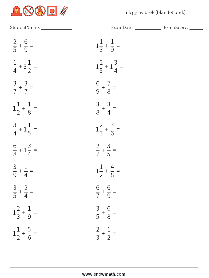 (20) tillegg av brøk (blandet brøk) MathWorksheets 9