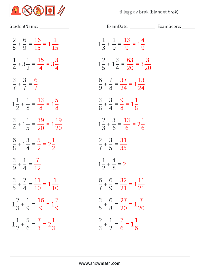(20) tillegg av brøk (blandet brøk) MathWorksheets 9 QuestionAnswer