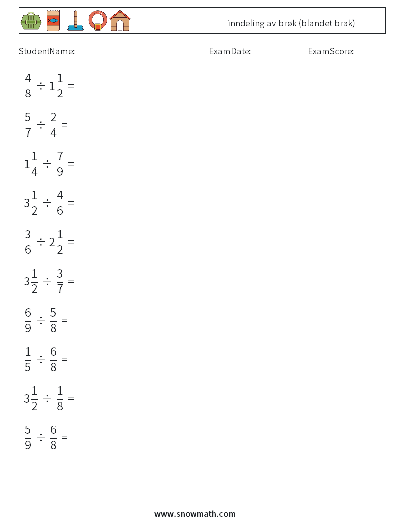 (10) inndeling av brøk (blandet brøk) MathWorksheets 10