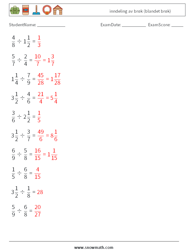 (10) inndeling av brøk (blandet brøk) MathWorksheets 10 QuestionAnswer