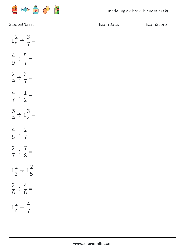 (10) inndeling av brøk (blandet brøk) MathWorksheets 12