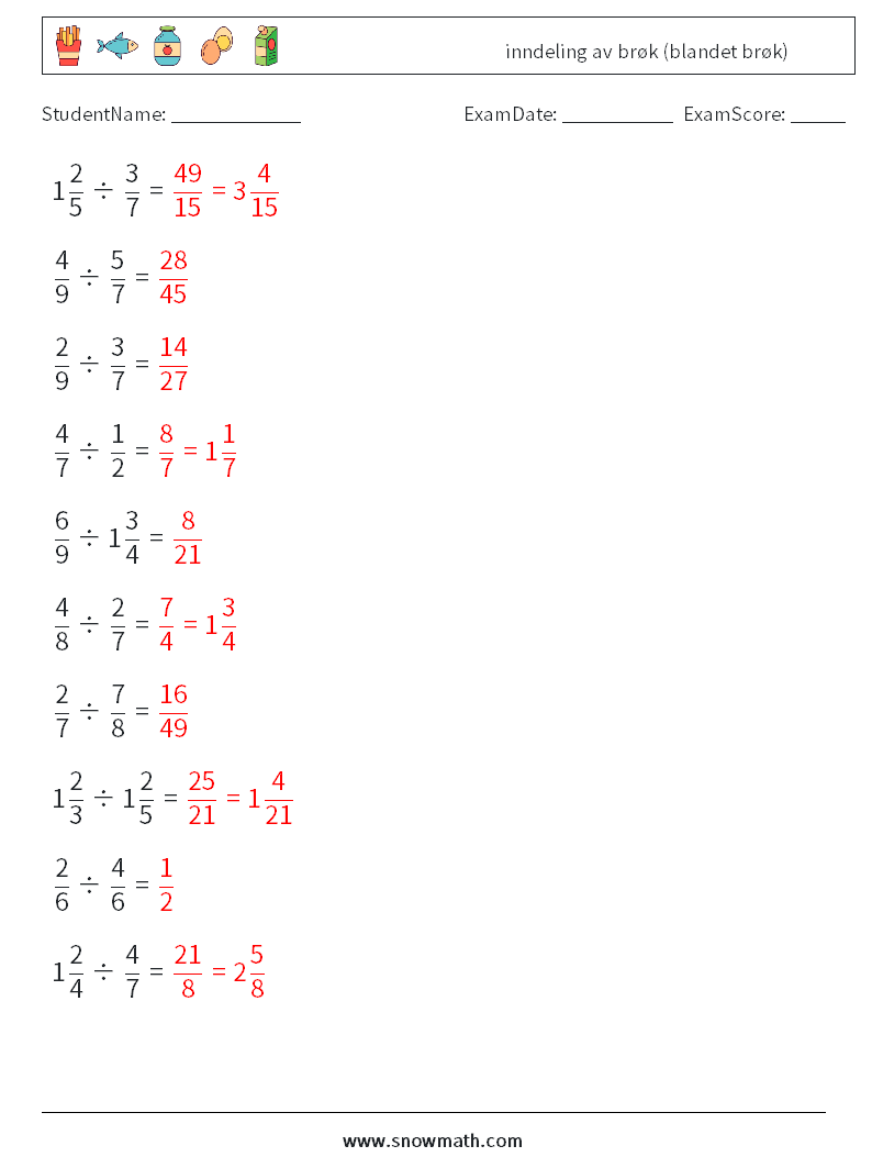 (10) inndeling av brøk (blandet brøk) MathWorksheets 12 QuestionAnswer