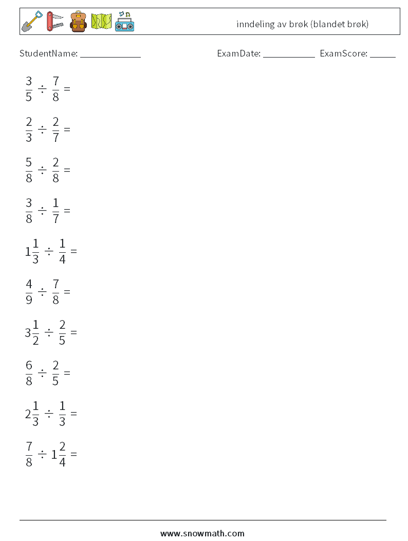 (10) inndeling av brøk (blandet brøk) MathWorksheets 13